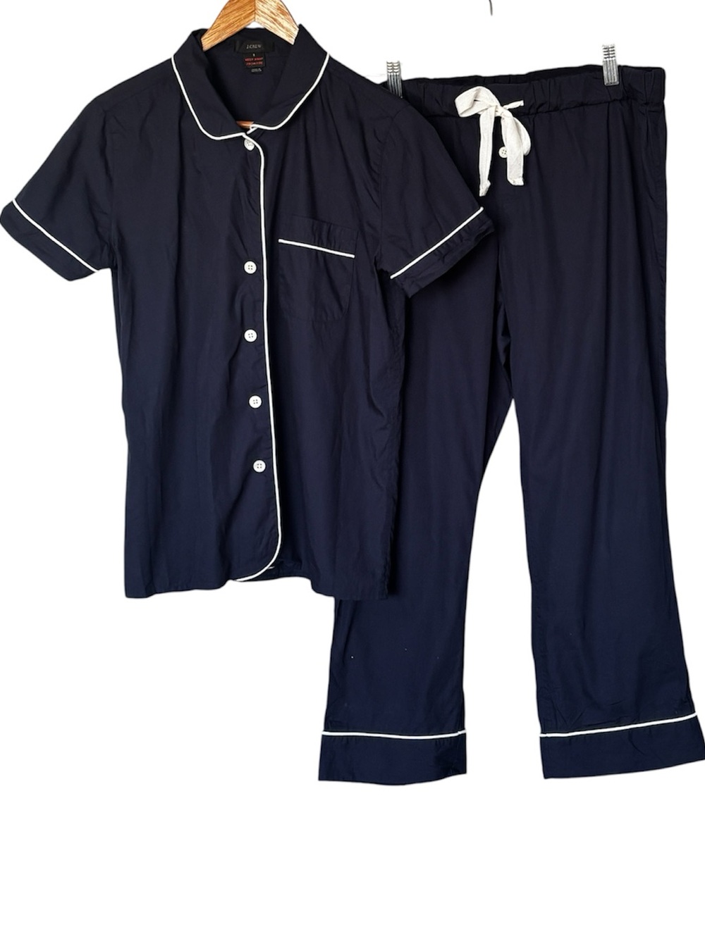J.Crew Navy Cotton Pajama Set - Short Sleeve Top & Full Length Pants - Size S - Picture 3 of 12